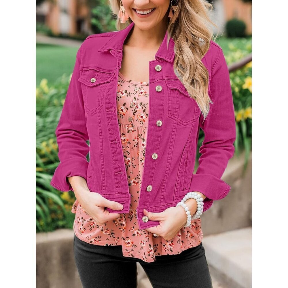 🆕Women Rose Pink  Jacket Button Down Stretch Fitted Long Sleeve Casual Jean - Picture 6 of 7